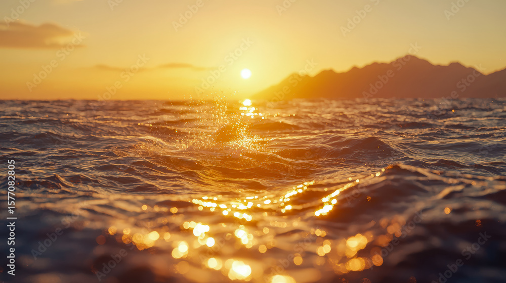 Fototapeta premium Serene sunset over ocean waves with distant mountains