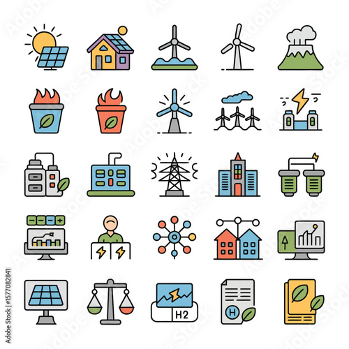 Colorful Vector Icons Set Illustrating Renewable Energy Sources Sustainable Energy Solutions Green Technology Environmental Conservation Solar Power Wind Turbines Hydropower
