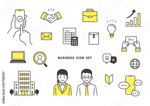 ビジネス関連アイコンセット（イエロー・シンプル・ベクター）