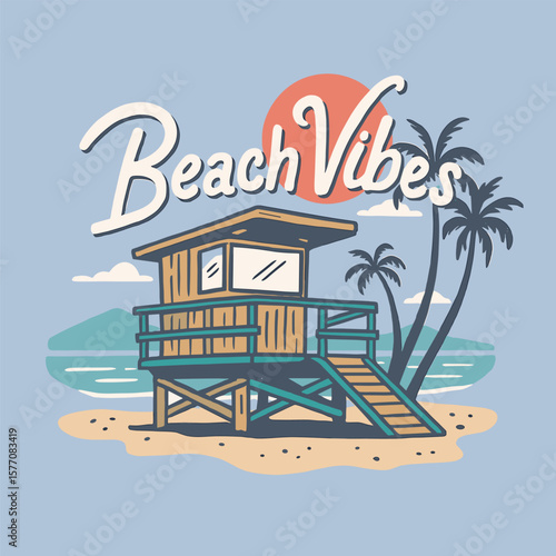 Beach Vibes Lifeguard Tower Summer Ocean Retro T-Shirt Design
