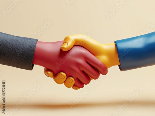 Cartoonish 3D emoji of two hands shaking, symbolizing business partnership and agreement, fostering collaboration in a corporate environment