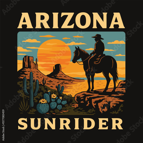 Arizona Cowboy And Desert Sunset Minimal Retro T-Shirt Artwork