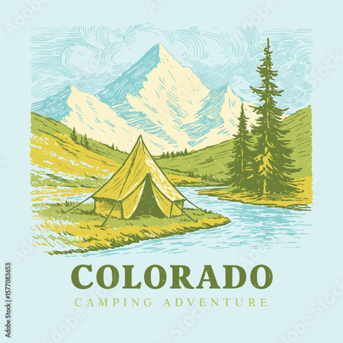 Colorado camping adventure with mountain and tent t-shirt design