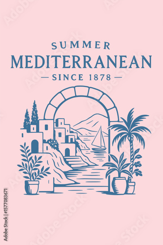 Summer mediterranean coast with arch and sailing t-shirt artwork
