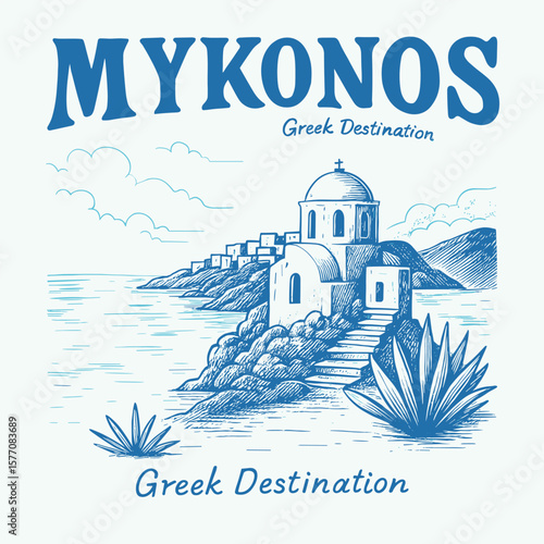 Mykonos greek island blue sea travel vector t-shirt print