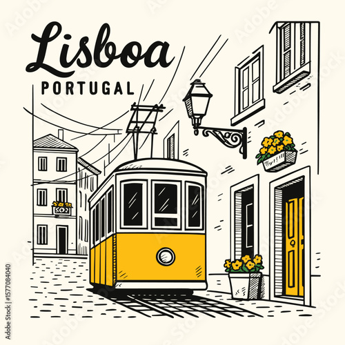 Lisboa portugal city tram and street view retro t-shirt print