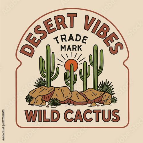 Desert vibes wild cactus retro landscape badge t-shirt design