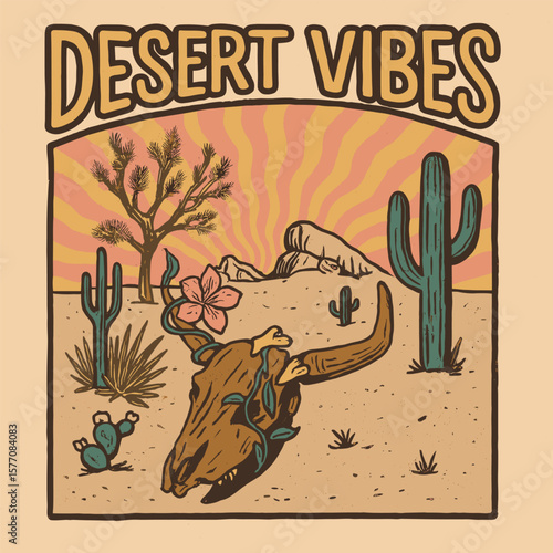 Desert vibes boho skull and cactus sunset t-shirt illustration