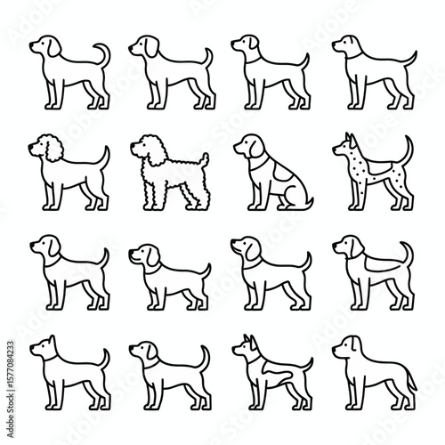 Sixteen Black Outline Drawings of Various Dog Breeds in Profile View Against a White Background Each Dog is Depicted Standing or Sitting Displaying Unique Breed Characteristics