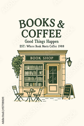 Books and coffee shop retro illustration reading corner t-shirt design