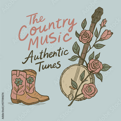 The country music authentic tunes boots and flowers t-shirt design