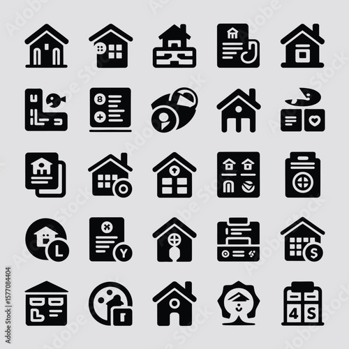 Thirty Black House Icons on Light Gray Background Diverse House Styles Home Symbols Real Estate Property Management Glyph Set
