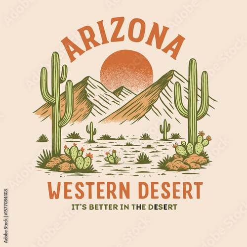 Arizona Western Desert Cactus and Mountain Retro T-Shirt Design