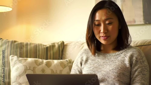 A woman sits comfortably on a couch using a laptop. She appears relaxed and focused, representing remote work, online learning, casual browsing, or digital communication in a cozy home environment.