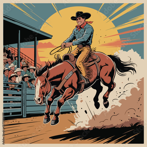 Vintage Rodeo Illustration – Cowboy Riding Bucking Bronco in Mid-Air


