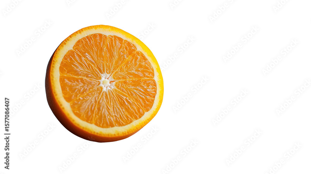 A vibrant orange half showcasing its juicy, segmented pulp and textured peel. A vibrant orange half showcasing its juicy, segmented pulp and textured peel.