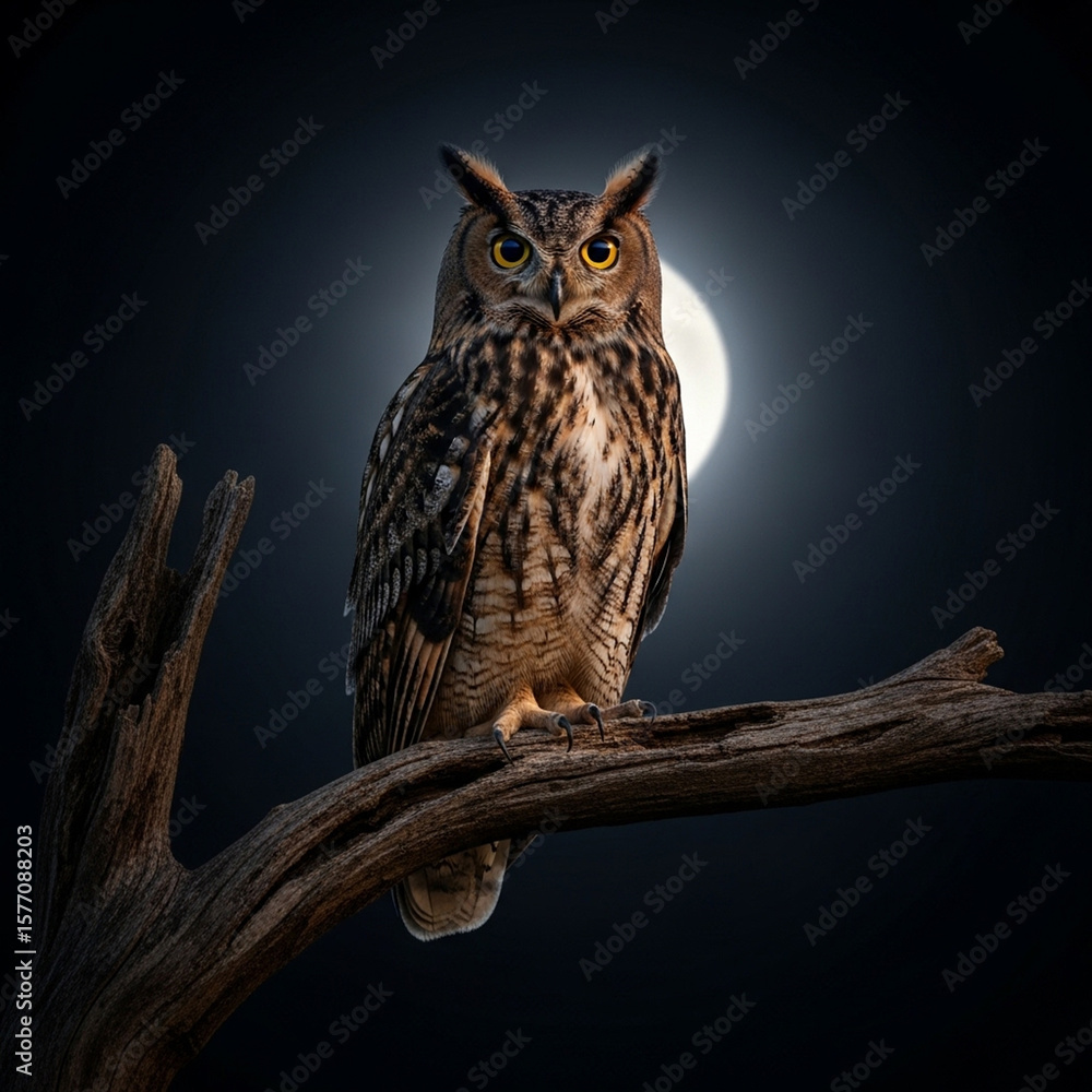 Obraz premium The nocturnal owl surveys its surroundings under the moonlit forest sky.