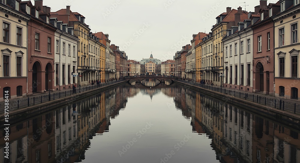 A serene canal in Copenhagen reflects the charming, colorful buildings lining its banks under a soft, overcast sky, leading to a distant bridge and classic architecture. A serene canal in Copenhagen reflects the charming, colorful buildings lining its banks under a soft, overcast sky, leading to a distant bridge and classic architecture.