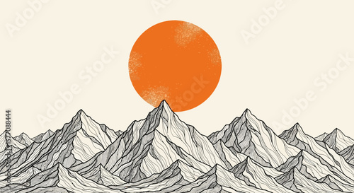 Serene Sunrise over Mountains - Minimalist Landscape Illustration with warm tones of rising sun