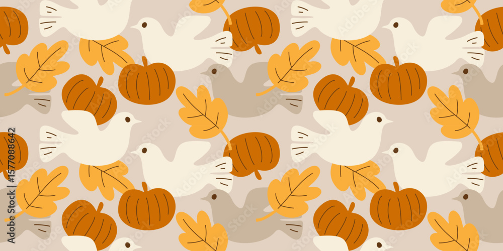 Seamless autumn pattern with pumpkins and birds. Cute autumn background. Illustration pattern.