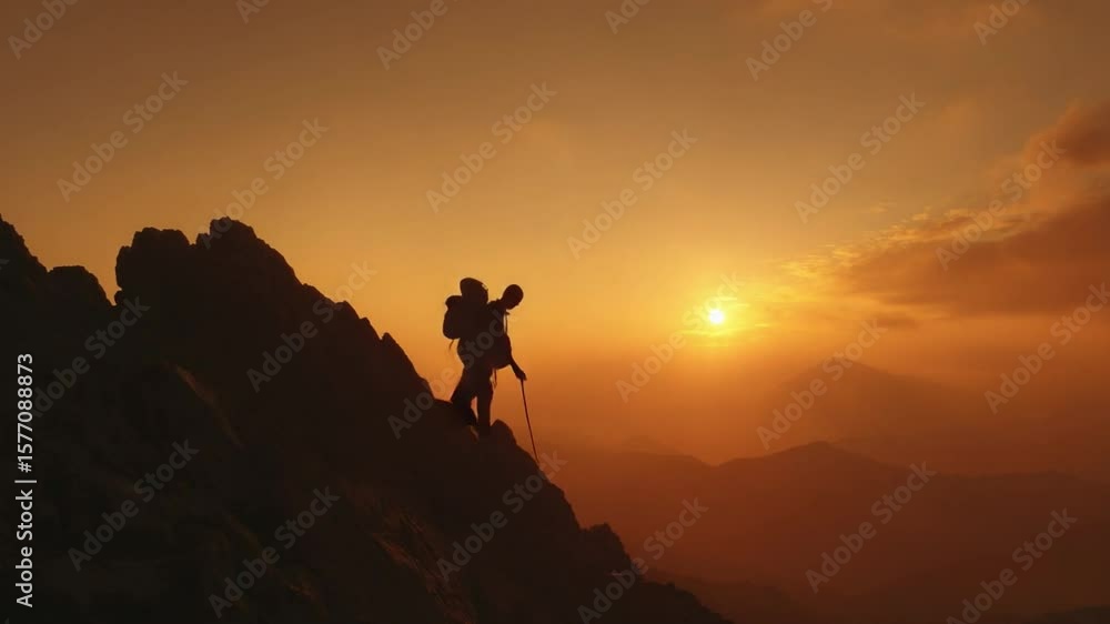 Determined Climbers Scaling Rocky Summit Against Beautiful Sunset Sky in Majestic Mountain Range Determined Climbers Scaling Rocky Summit Against Beautiful Sunset Sky in Majestic Mountain Range