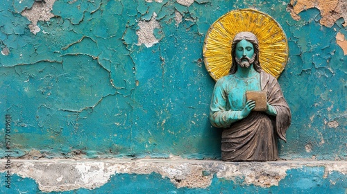 Close Up of Religious Statue of Jesus with Golden Halo on Weathered Blue Painted Wall