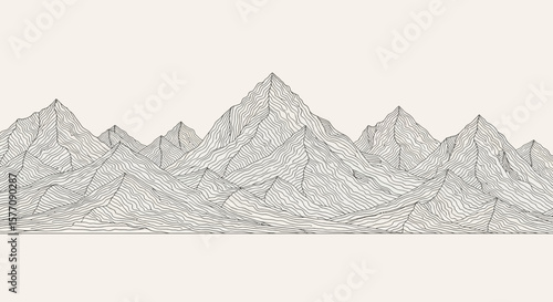 Minimalist Mountain Range Illustration Serene Landscape with Linear Details and Crisp White Background