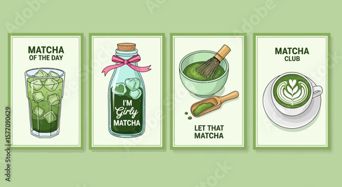 Matcha Magic An illustrated collection of vibrant green tea-themed posters with artistic and refreshing beverage compositions.