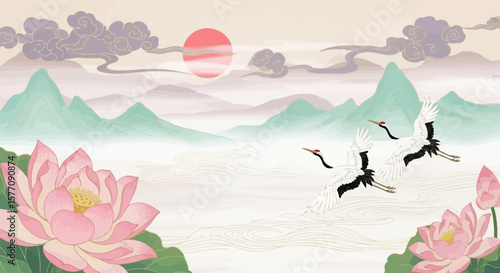 Elegant Asian Landscape with Cranes and Lotus Flowers A Serene Oriental Illustration 