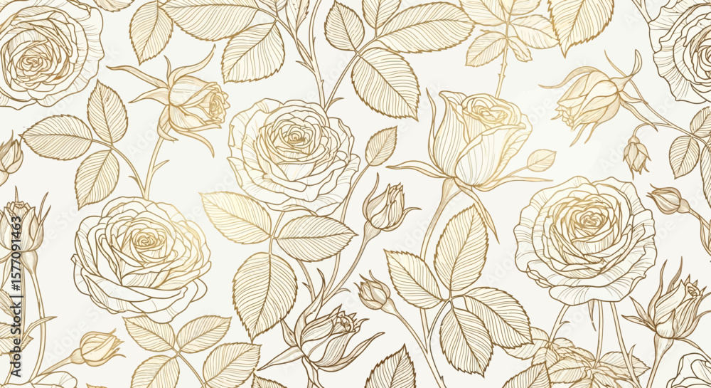 Obraz premium Elegant Floral Pattern Golden Roses and Leaves on a Cream Background, Ideal for Luxury Designs and Festive Decorations