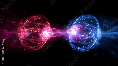 Symmetrical abstract composition featuring blue and red energy waves forming two colliding circles with glowing lines, laser lights