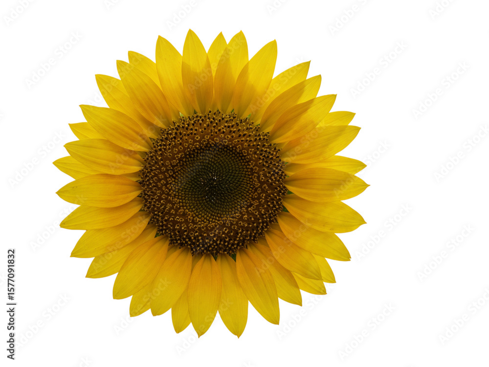 Fototapeta premium Close up of a bright yellow sunflower with a detailed brown center isolated on transparent background