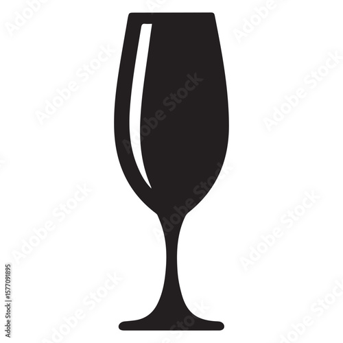 A simple black silhouette of a classic wine glass with a long stem and a wide bowl isolated on a white background