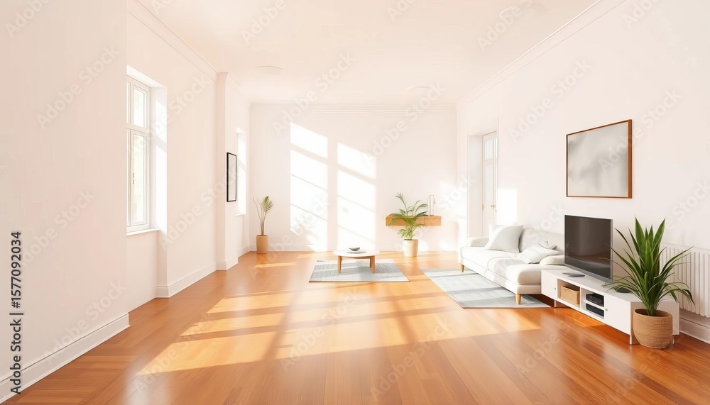Fototapeta premium Minimalist white apartment, sunlit, hardwood floors, space, style