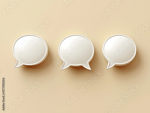 Minimalist concept featuring three white 3D speech bubbles on a muted background showcasing communication and discussion platform