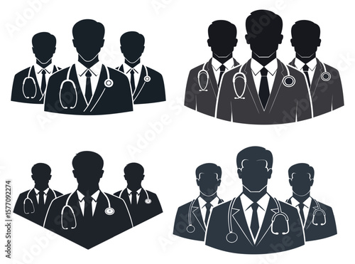 Collection of Silhouette Groups of Male Doctors Wearing Stethoscopes and Suits