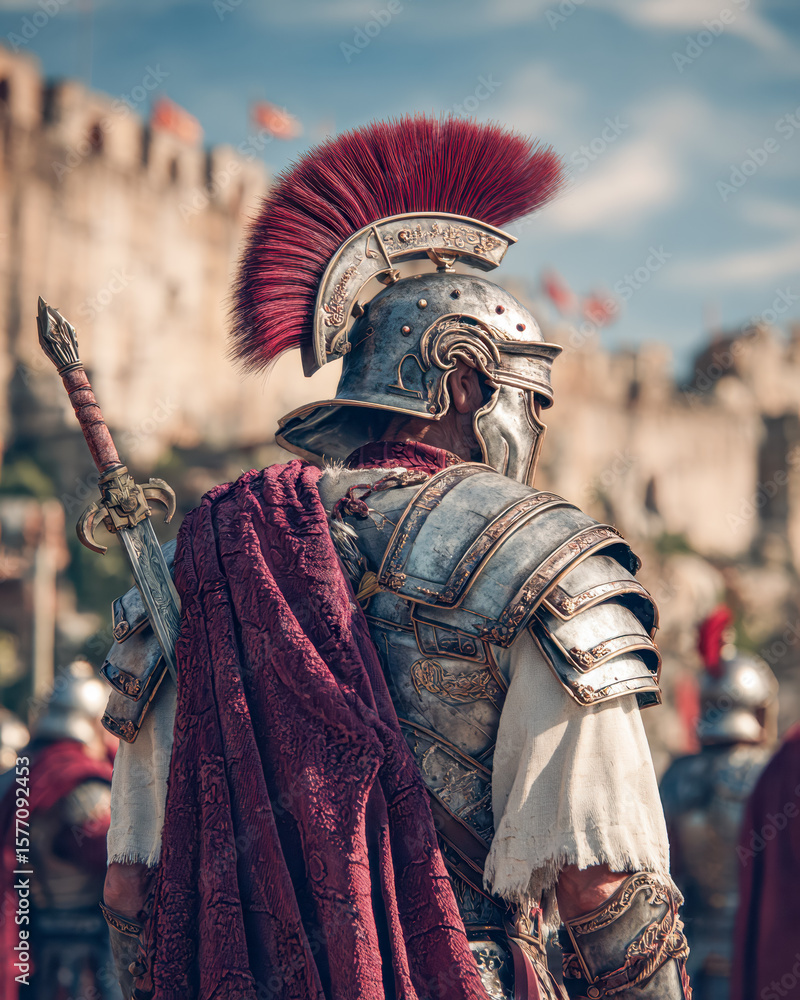 Obraz premium Roman centurion in detailed armor with red plume during historical reenactment