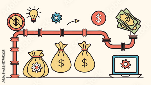 Illustration of an idea to money pipeline with gears, money bags, and a laptop ending the process