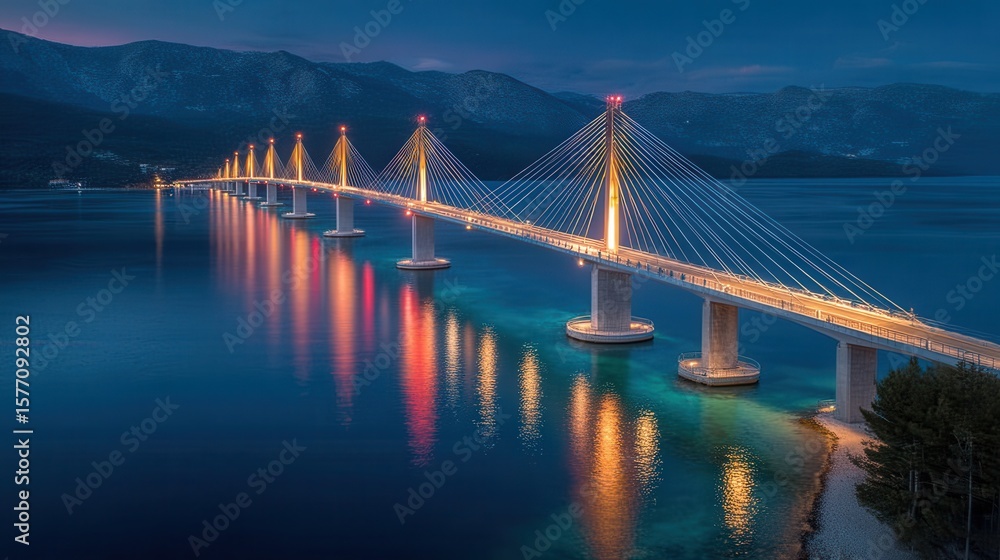 Obraz premium Peljesac bridge with lights reflecting on the water at dusk in Croatia