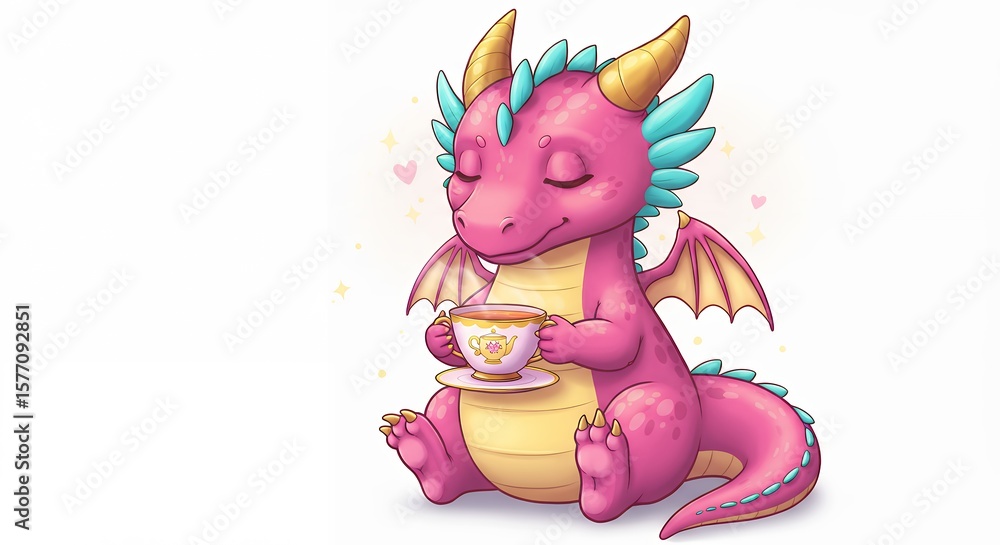 Naklejka premium Cute dragon drinking tea illustration