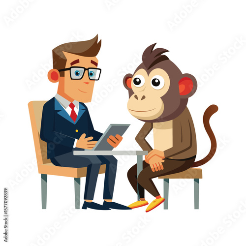 Curious Monkey in Career Counseling Session. Funny Vector Illustration for Education, Career Guidance, and Motivation Concepts. Perfect for Posters, Presentations, and Digital Media.