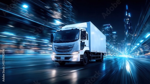 White truck driving through blue light portal with cityscape background at night