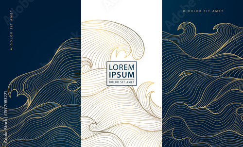 Vector set of gold wave background design, abstract luxury line art templates. Wine premium art deco package, chocolate, menu patterns, fancy vip graphic.