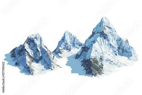 a set of hand-painted watercolor mountains, featuring snow-covered landscapes in cold tones