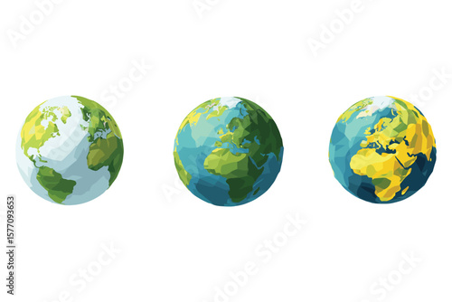 a collection of isometric 3D globes, featuring colorful representations of the Earth with simplified continents