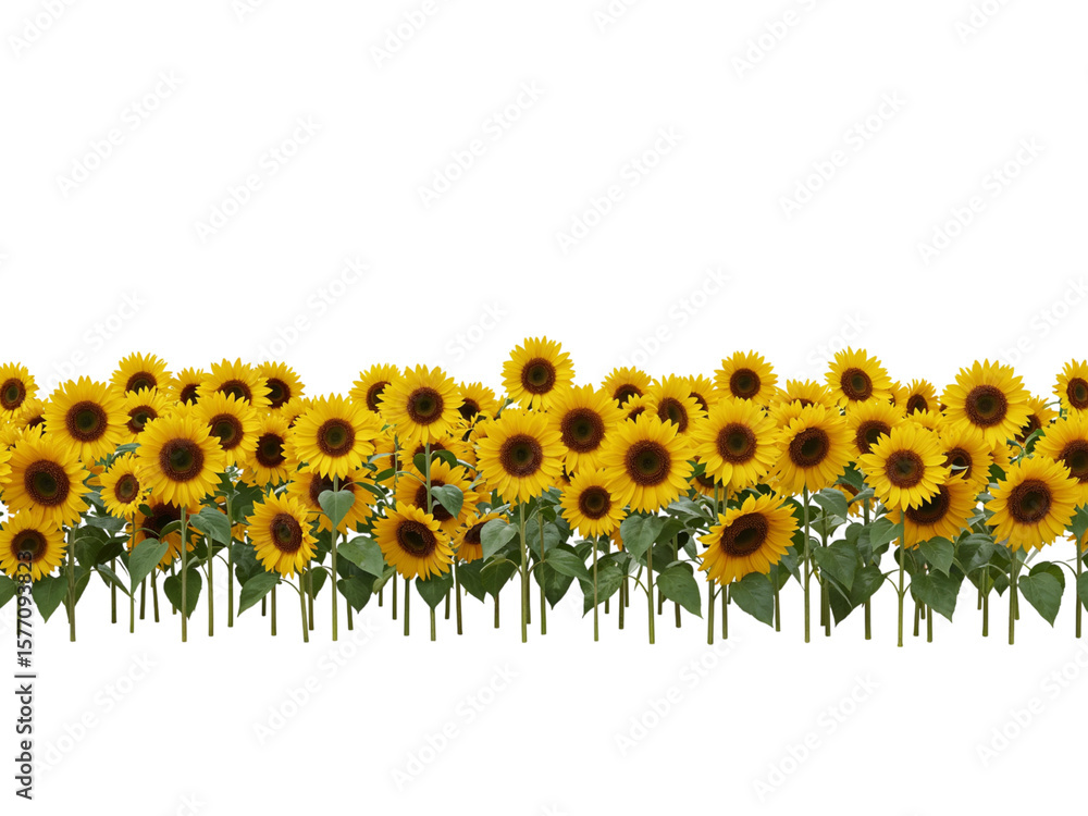 Naklejka premium A field of bright yellow sunflowers with green leaves isolated on transparent background