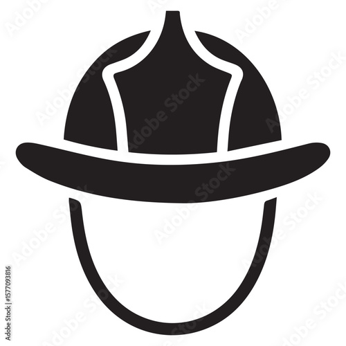 Simple black silhouette of a traditional firefighter helmet with a curved brim and protective face shield on a white background
