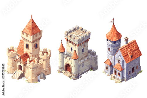 a set of isometric medieval castles, featuring red rooftops and fortified stone towers