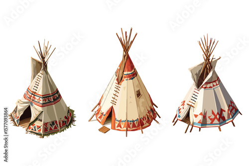 a set of isometric native teepee tents, featuring tribal patterns and wooden frames