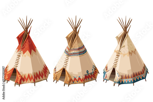 a variety of isometric traditional teepees, featuring cultural tribal patterns and open entrances